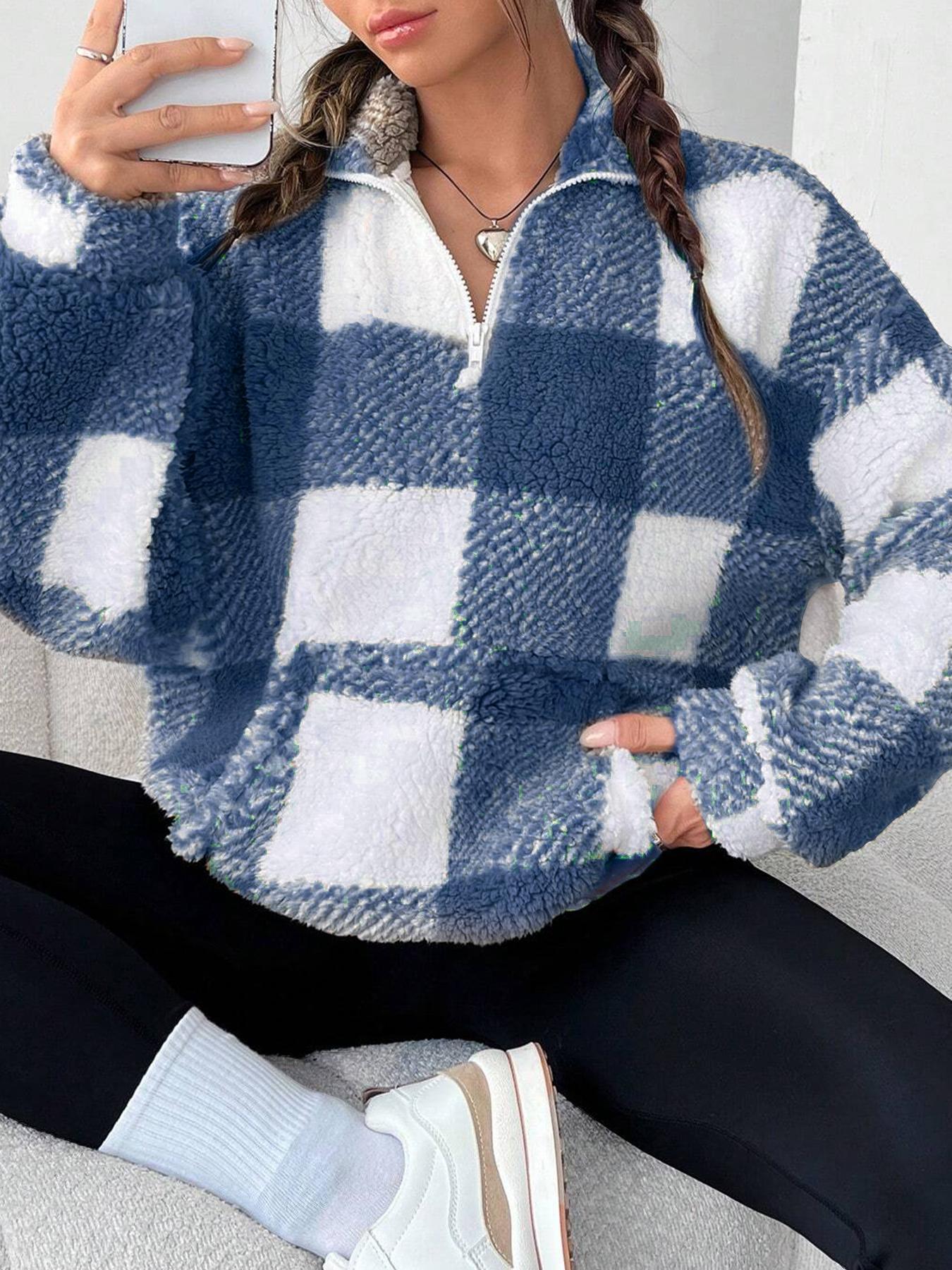 Women's Plaid Half Zip Drop Shoulder Fleece Sweatshirt, Casual Long Sleeve Collar Pullover for Spring & Fall, Ladies Clothes for Daily Wear