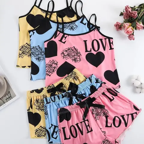 2 Pieces/ 6 Pieces  Women's Heart & Letter Print Lettuce Trim Fitted Pyjama Set, Cute Casual Sleeveless Spaghetti Strap Cami Top & Bow Decor Shorts, Summer Sleepwear  Loungewear  Set for Women Camisole Sets