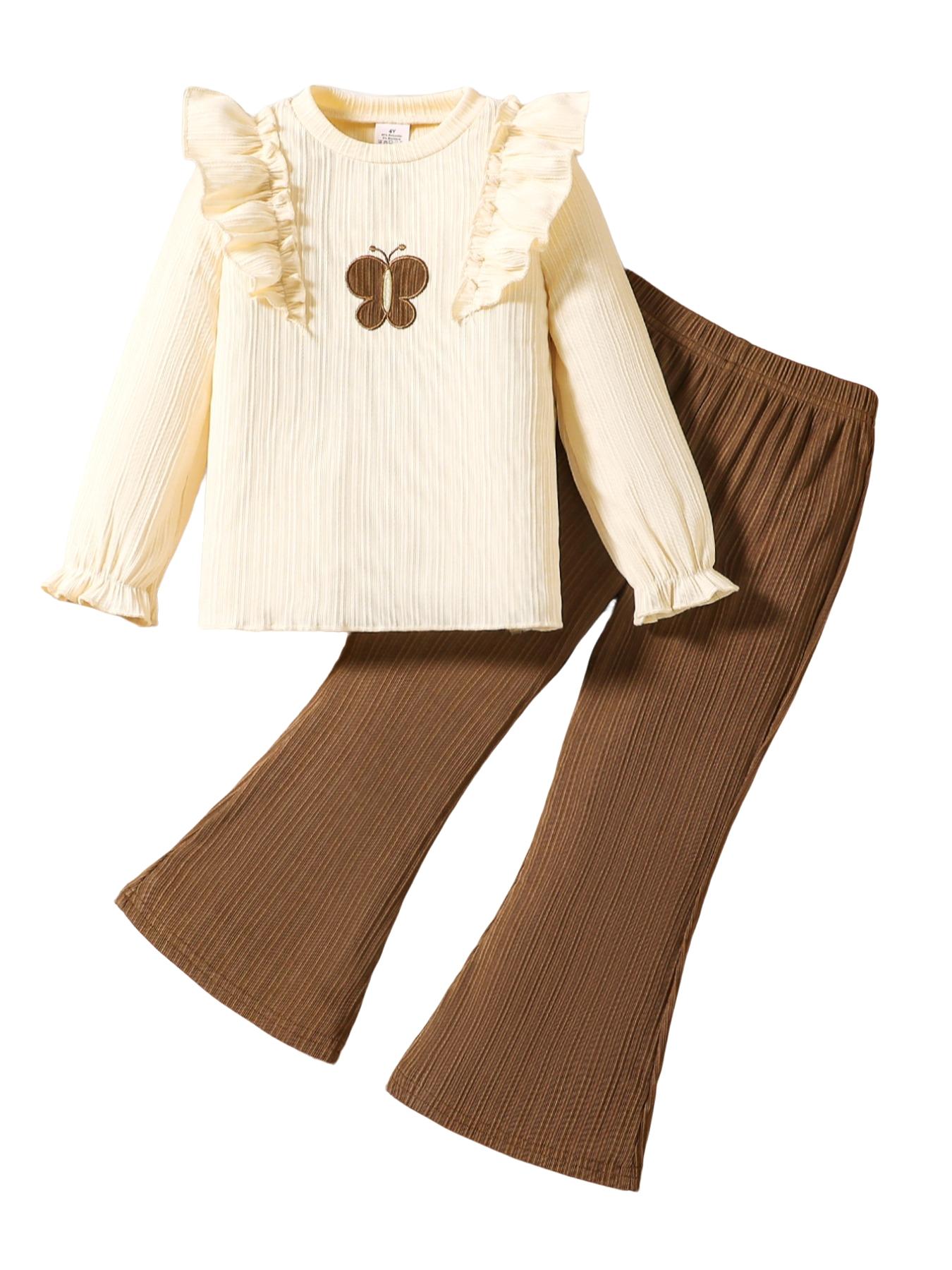 Autumn New Girl Cute Casual Elegant Set, Lotus Hem Long Sleeve Top + Solid Color Elastic Waist Loose Fit Pants, Kids Fashion