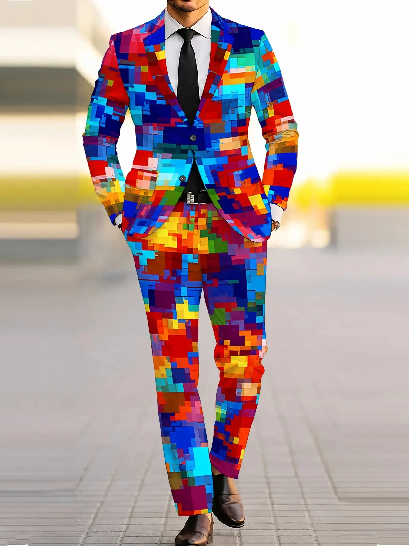 Men's Rainbow Mosaic Pixel Print Blazer Set, Two-Piece Suit with Matching Pants, 3D Digital Print, Slim-Fit, Evening Wear, Theme Party