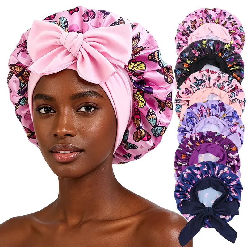 Viral Butterfly Print Satin Bonnet with Big Bow Tie Band Silky Night Sleep Cap Wide Elastic Headband Hair Protection Curly Natural Hair Women Daily Wear