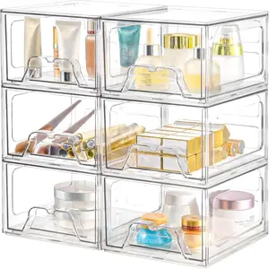 6 Pack Clear Stackable Plastic Storage Drawers, Acrylic Storage Bins with Drawers for Fridge Organizers, Small Stackable Plastic Drawers for Makeup Organizers Cosmetic Display
