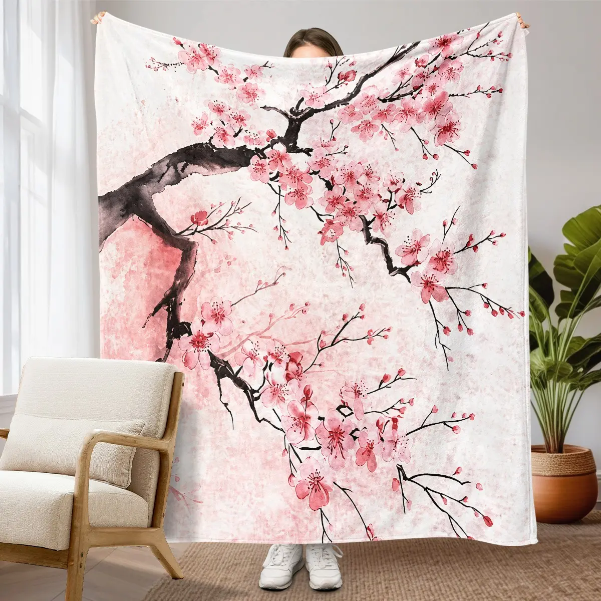 1PC Cherry Blossom Flannel Fleece Throw Blanket, Pink Sakura Flower Tree Branch Pattern, Elegant Japanese Spring Nature Design, Soft Cozy Warm Lightweight Plush Blanket for Sofa Bed Office Travel Camping Birthday Mother's Day Gift