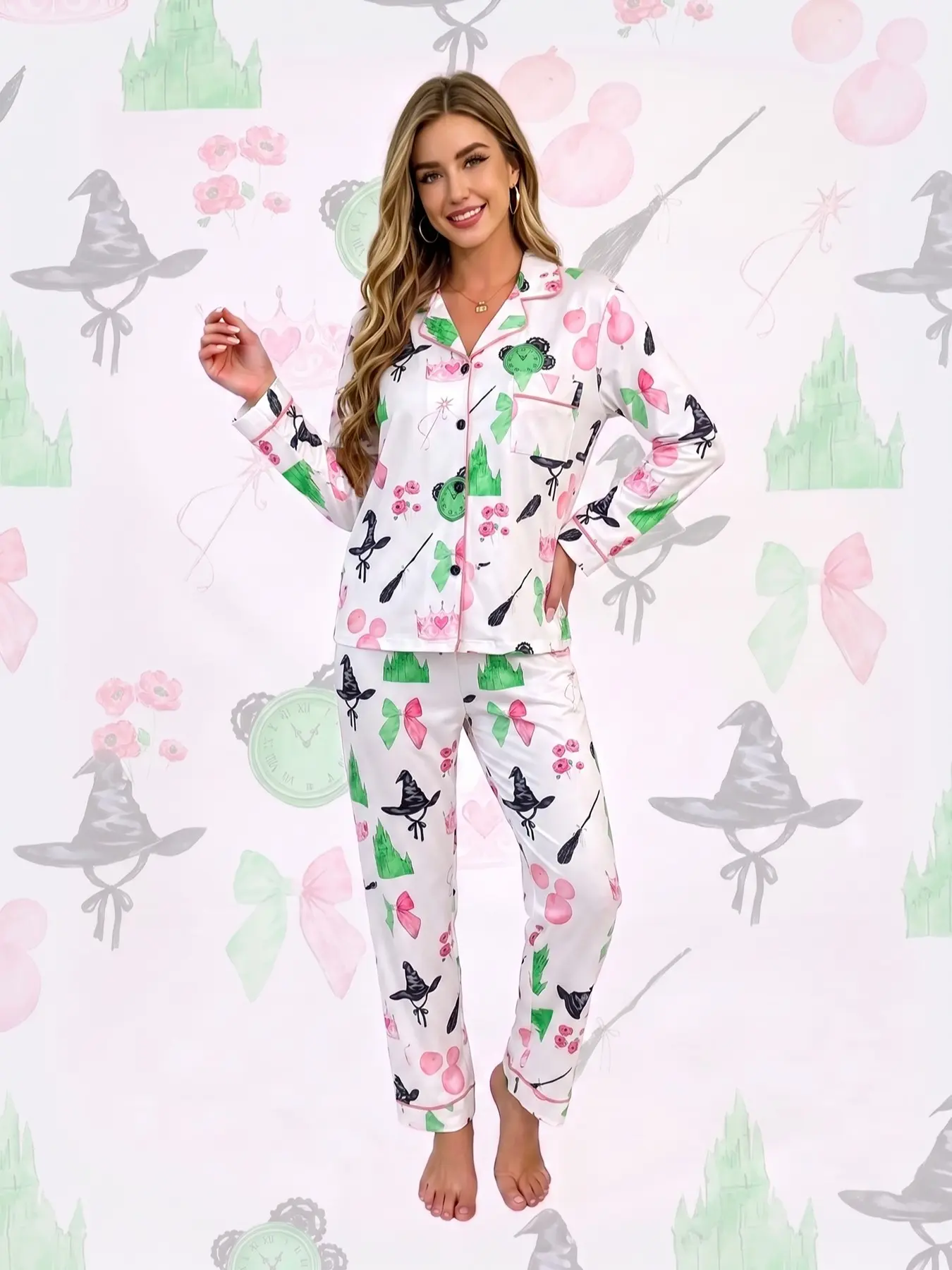 Women's 2-piece pajama set, white magic witch prints. Witch hats, magic castles, crowns, clocks, flowers and bows. Fresh dreamy girl style. Pink trim, lapel top with pocket, elastic waist long pants, soft comfy women's loungewear