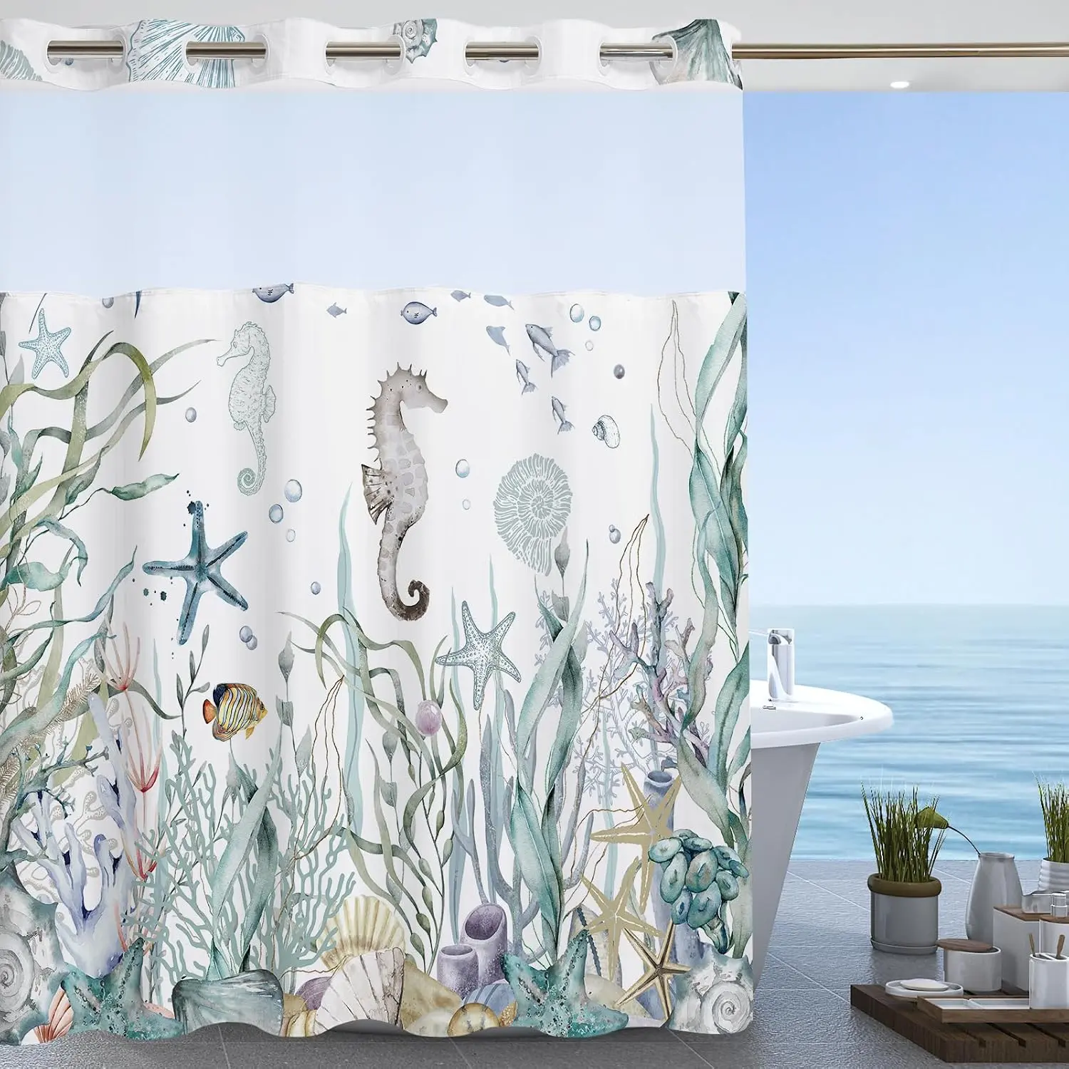 Nautical Beach No Hook Shower Curtain with Snap in Liner, Starfish Seashell Coral Coastal Shower Curtain with Liner, See Through Mesh Top Window, Fabric Hotel Blue Shower Curtain 71x74IN