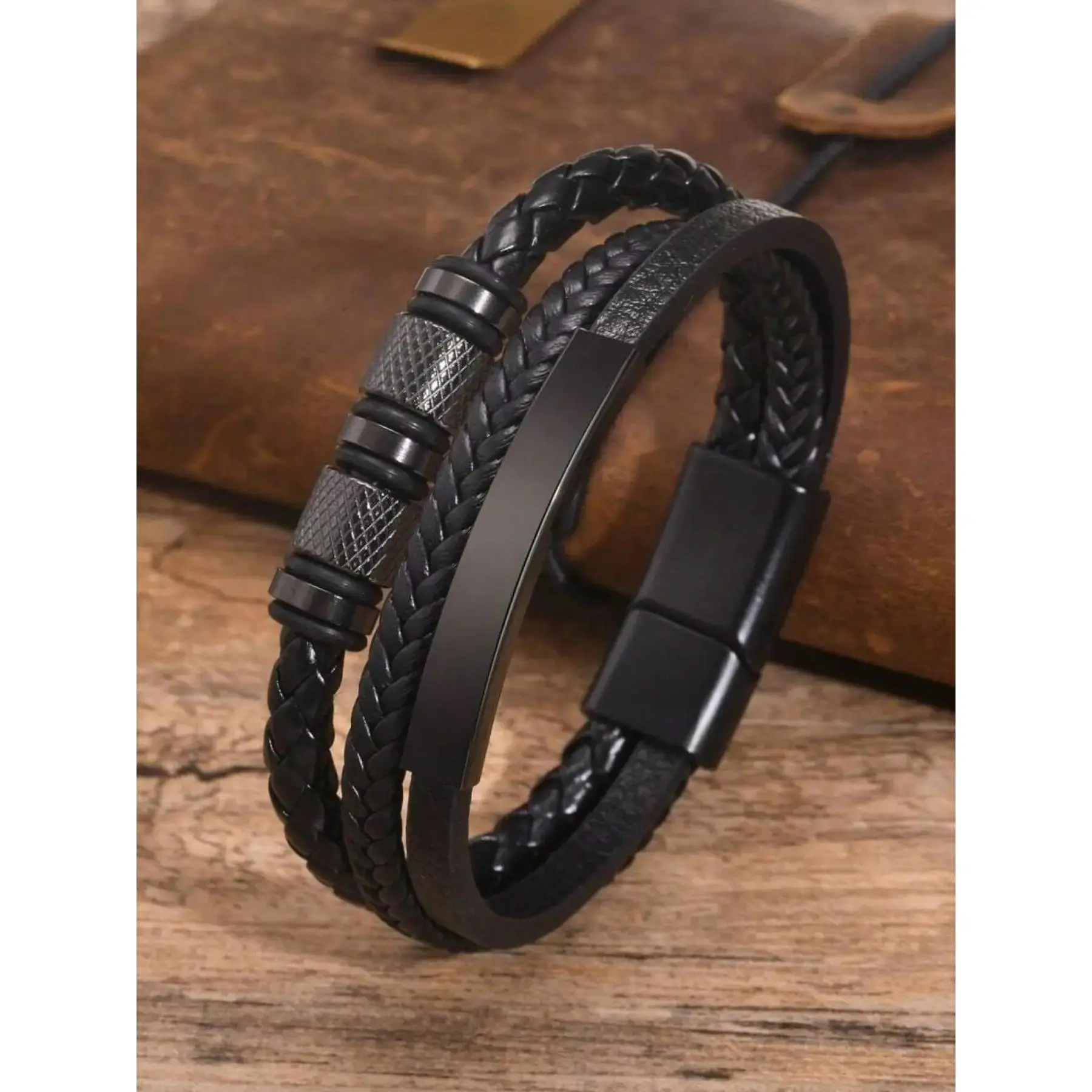 Men's Multi-Layer Bracelet, Woven and Plain PU Leather Bangle with a Comfortable, Safe Fit, Ideal Male Accessory Gift, Layered Look, Special Gifts