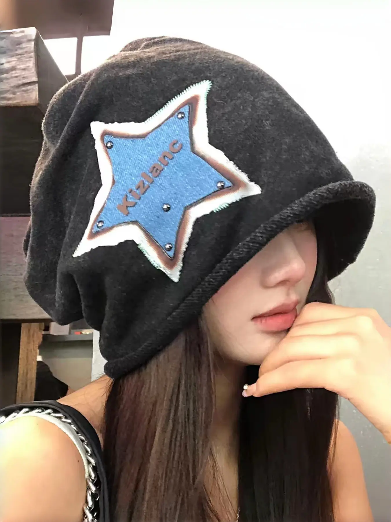 American Vintage Star Cold Hat, Mountain Style Women's Fall Winter Large Headband Beanie, Slimming Face Moonshine Cap, Baby Wrap Hat