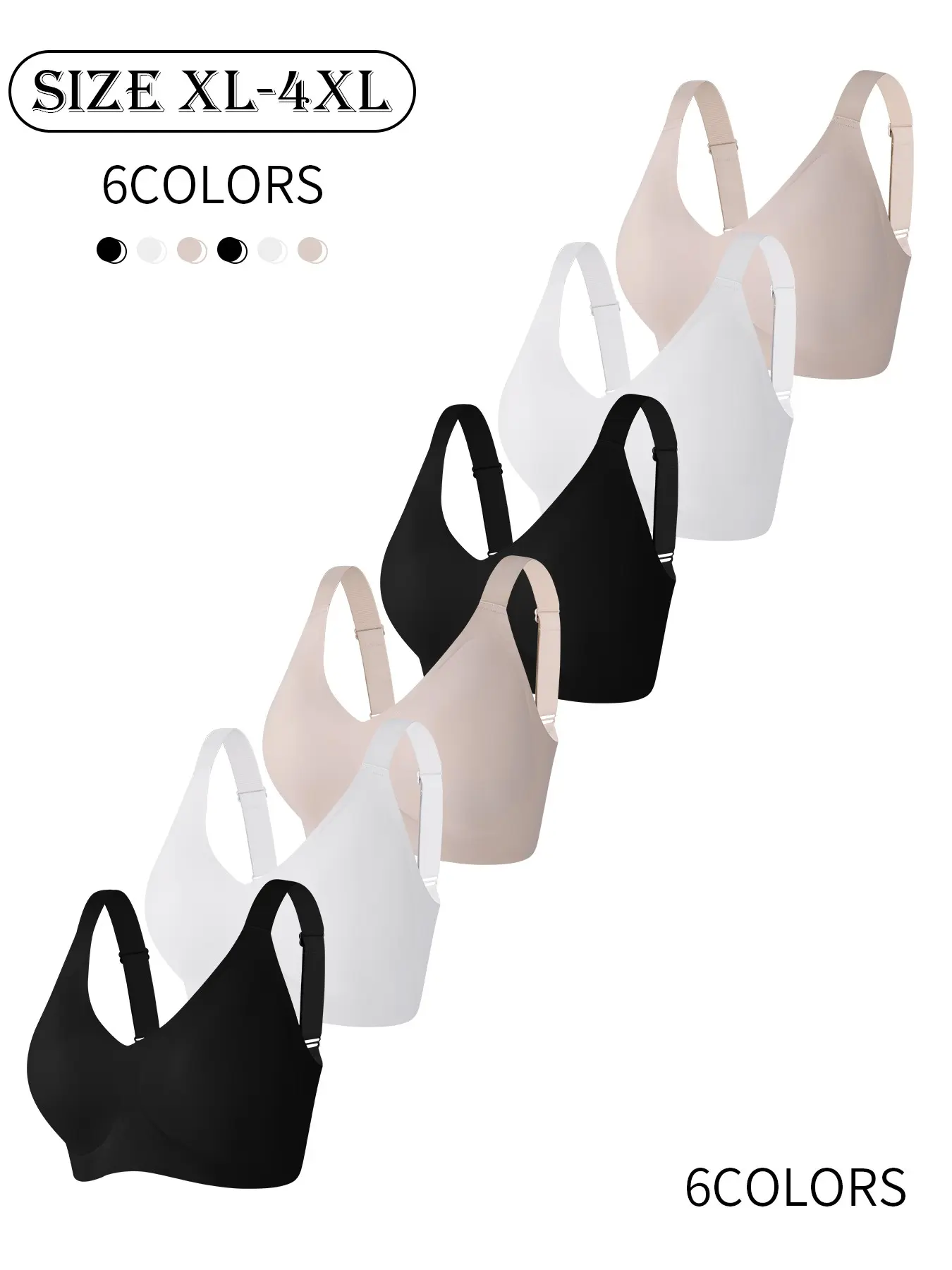 6pcs/5 Colors Plus Size Women's Seamless Jelly Bra Four-Row Four-Hook Push-Up Lift-Up Adjustable Sports Vest Daily Casual/PartyYoga Comfortable Breathable Skin-Friendly Women's Wireless Bra Adjustable Sports Bras