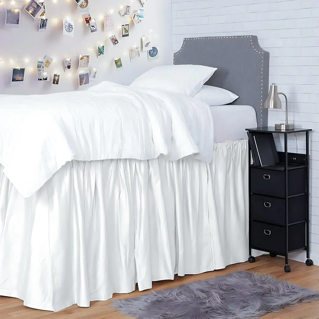 Linen Dorm Room Bed Skirt Twin XL 32 Inch Drop, 100% Microfiber Extra Long Bedskirt, White