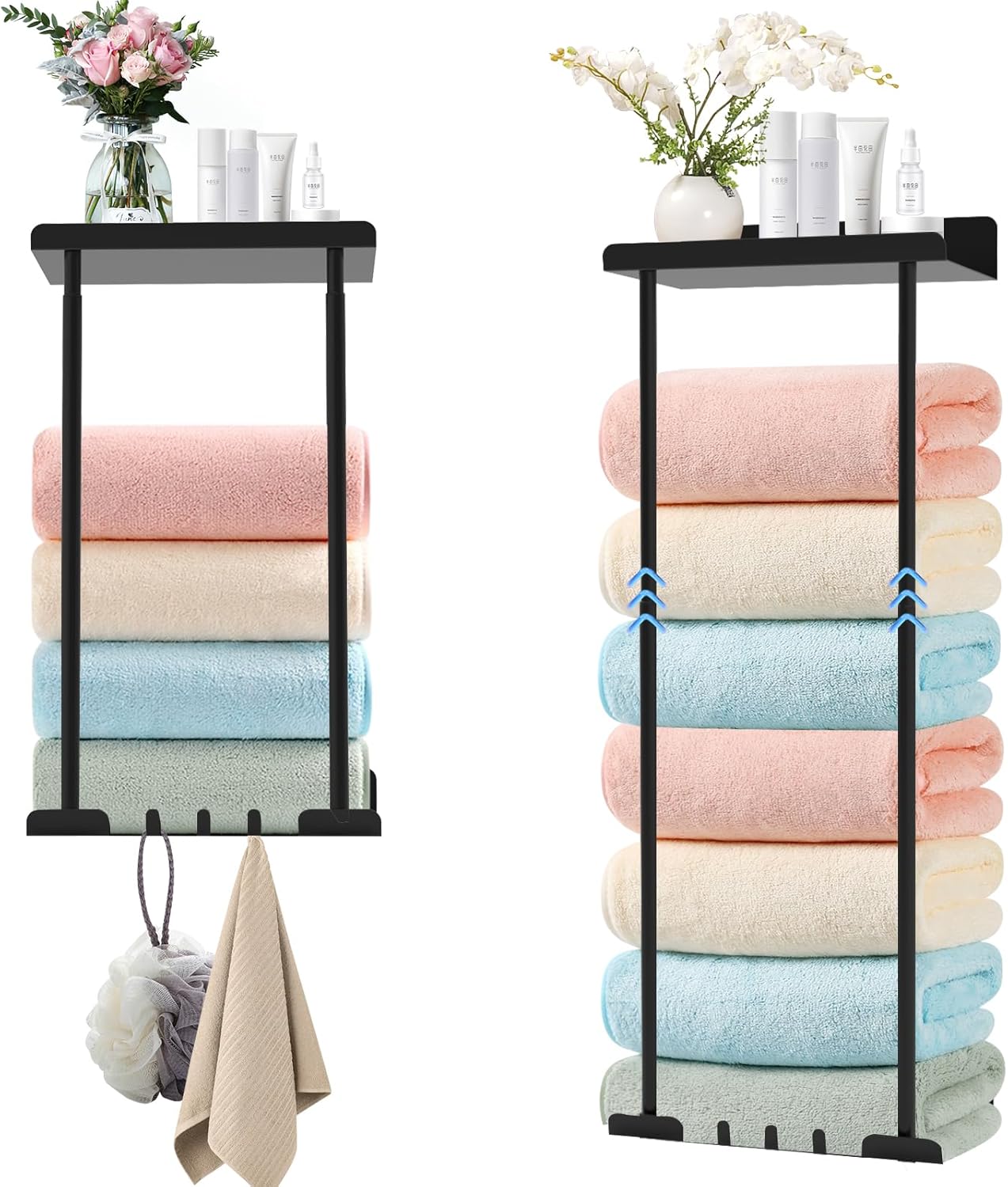 Hommtina Black Retractable Height Metal Towel Rack with Reliable Hooks for Rolled Towel Storage and Bathroom Wall Mounting - Large-Capacity, Rust-Proof, Durable Shower Organizer