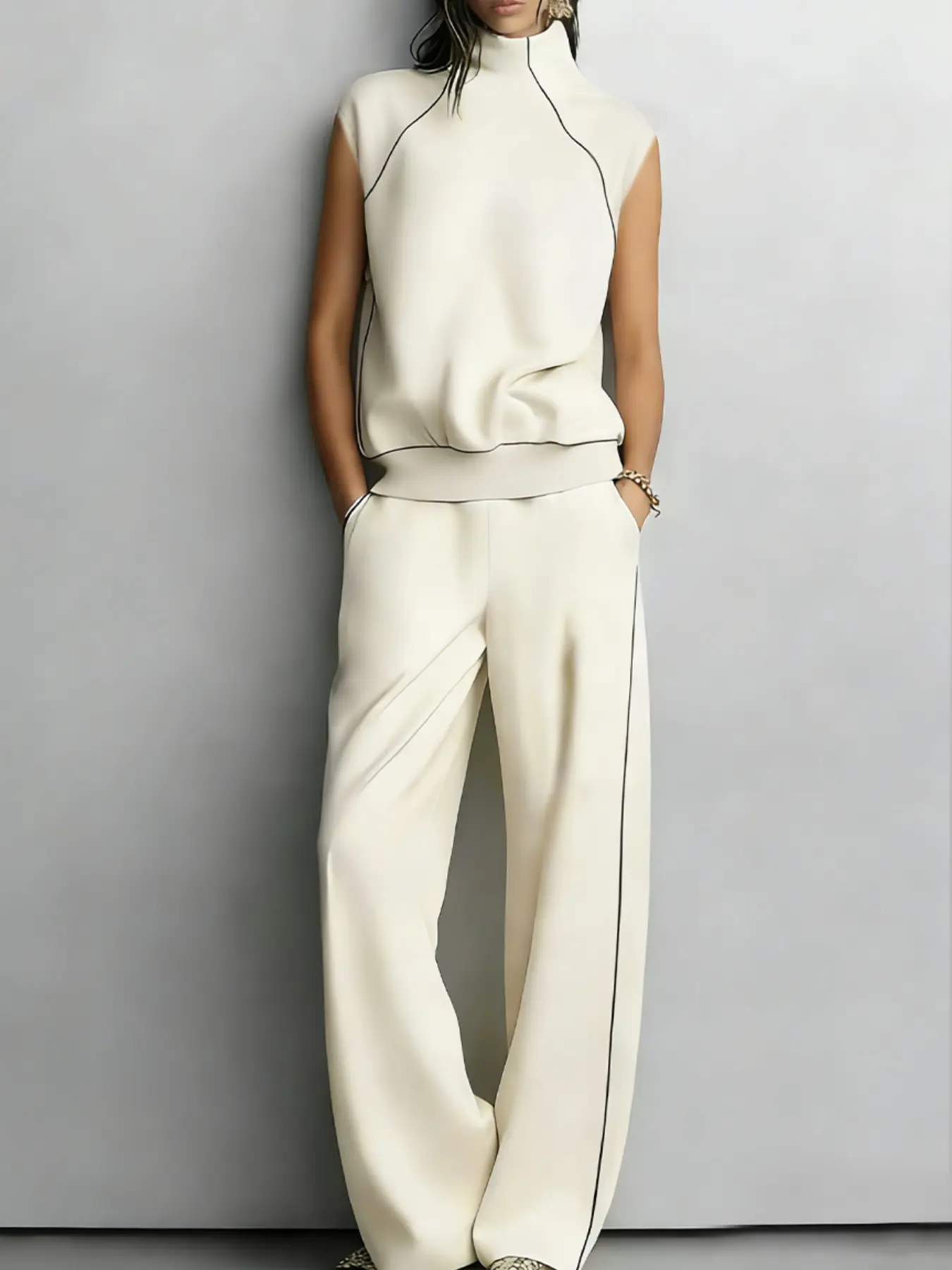 Women's Two-Piece Set Sleeveless High Neck Top + Side Stripe Wide Leg Pants, Minimalist Chic Fashion for Office, Social Events, Daily Wear