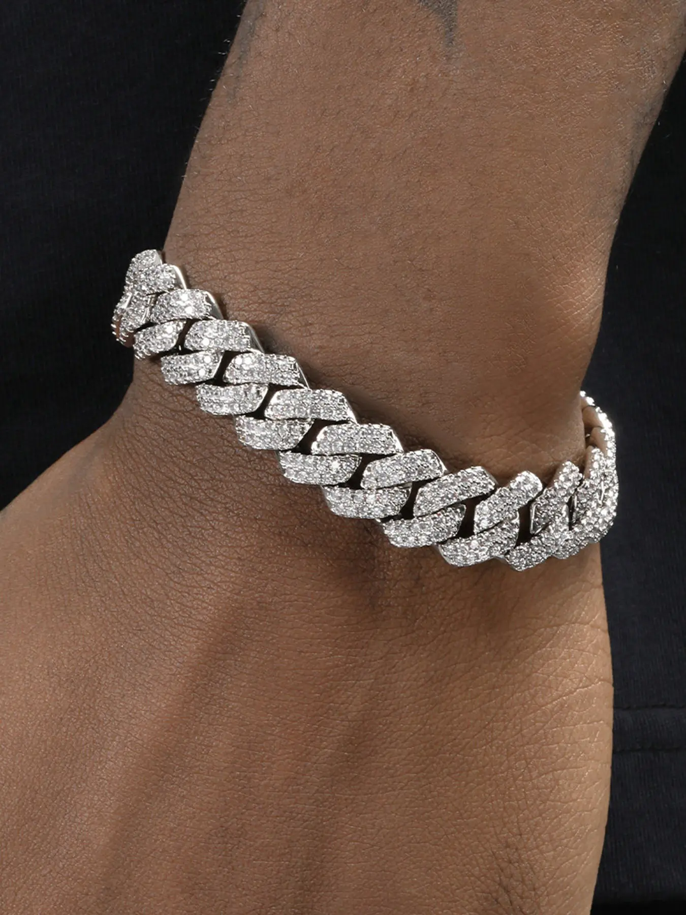 Men Iced Out Cuban Link Bracelet, Full Paved Bling Rhinestone Bracelet, Silver Gold Plated Hip Hop Rapper Wrist Jewelry for Him