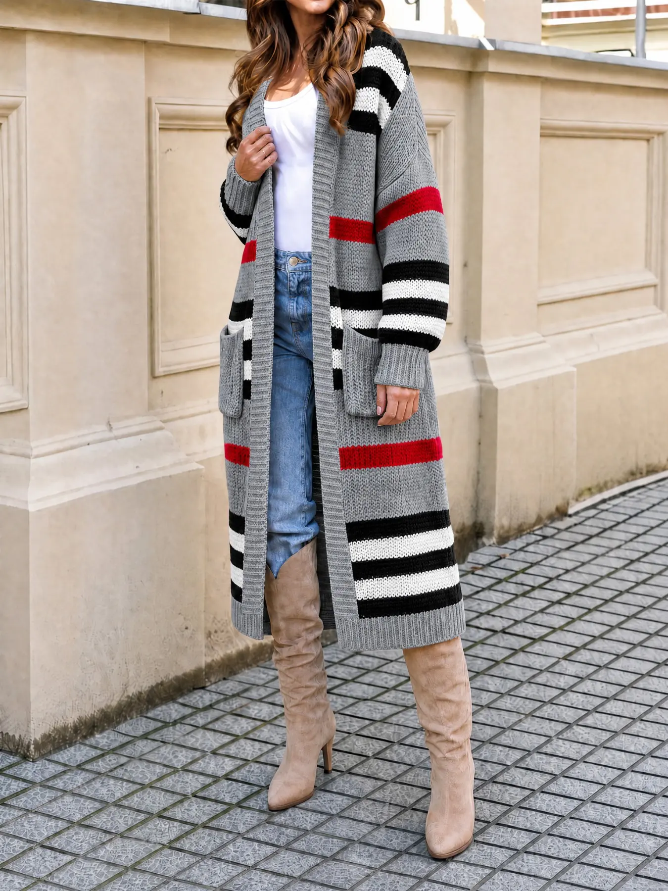 Women's Plus Size Three-Color Classic Striped Long Knit Cardigan, Buttonless Open Front Loose Fit with Pockets, Fall Winter Casual Outerwear