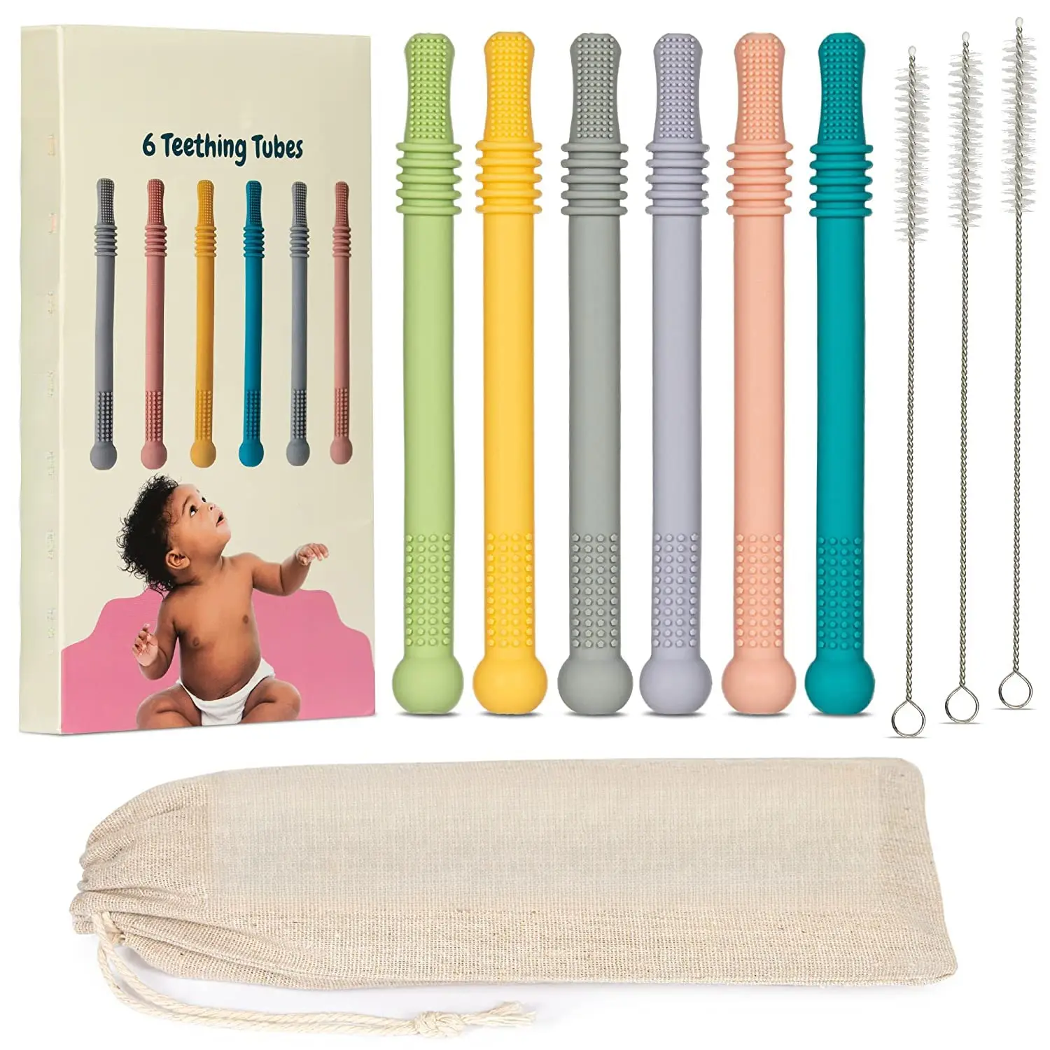 Baby Silicone Teething Sticks - 6-Pack Multicolor Practical Back Molar Teethers with Secure Grip, Teeth Pain Relievers for 36+ Months Old Infants