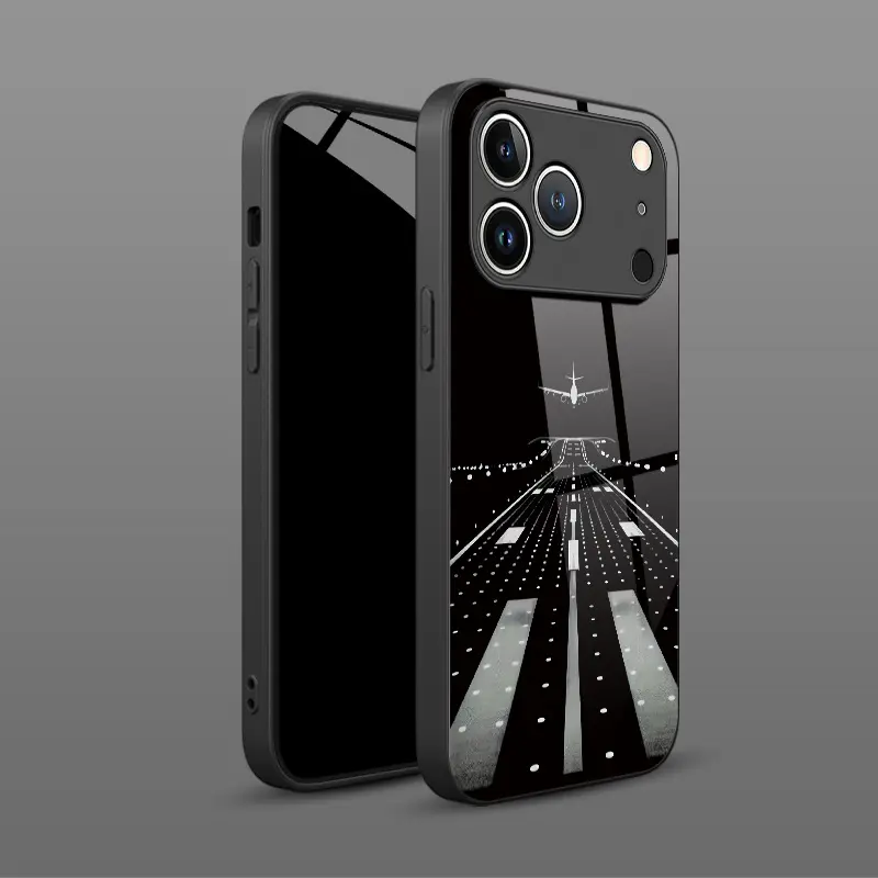 Phone Case: 1 Runway Airplane Landing Pattern HD Glass Phone Case for iphone17 Air 16 15 Pro Max 14 Plus 13 12 11, Fashionable Protective Case, Premium Luxury Black Glass