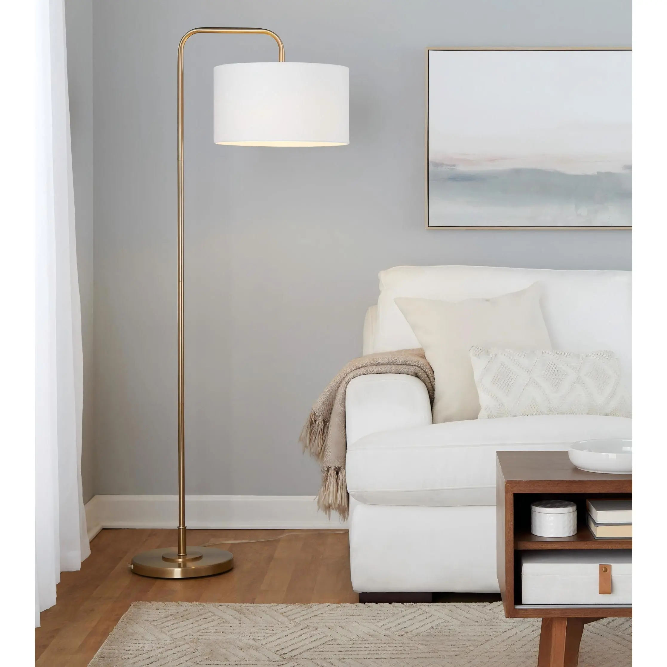 ARCH Contemporary Metal Floor Lamp 63.75" Tall Gold Finish with White Linen Shade for Living Room Bedroom Office Reading Corner, Modern Arc Floor Lamp, Standing Light, Indoor Lighting Fixture, 1 Pack, Home Furniture and Household Product Search