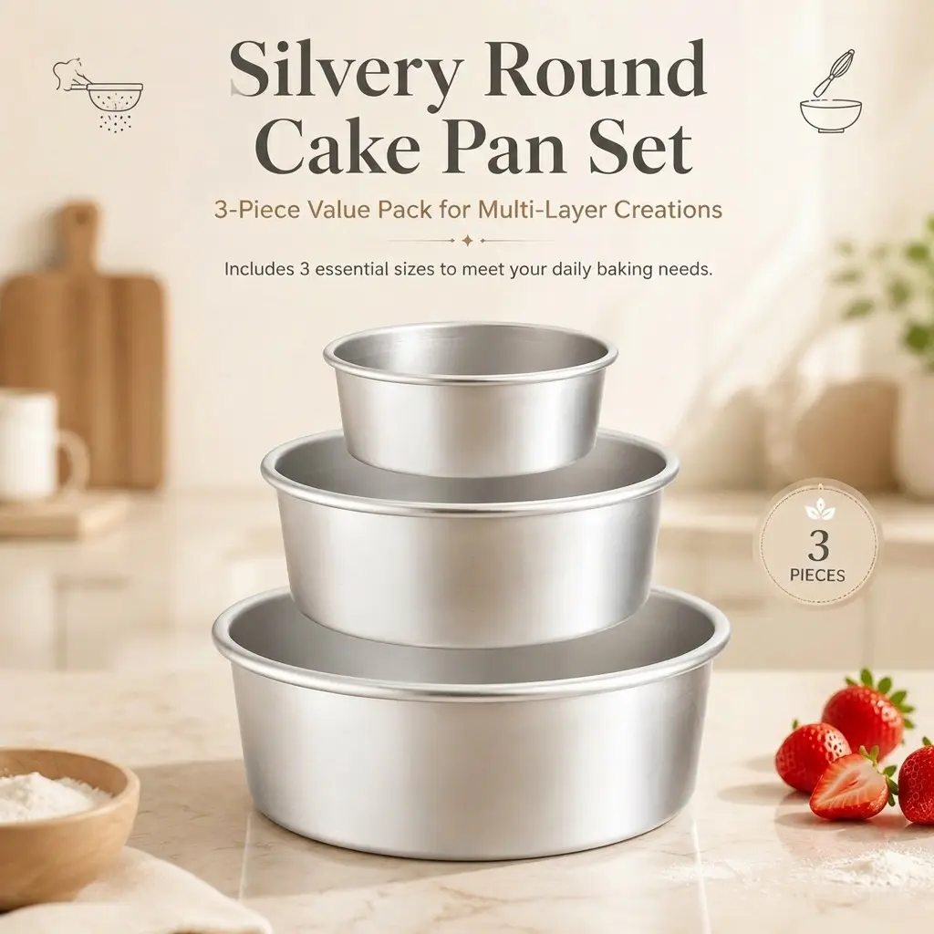 3 Piece Set Silver Color Round Aluminum Cake Mold, Reusable Deep Layered Cake Pan, Home Baking Sponge Cake Cheese Cake Mold