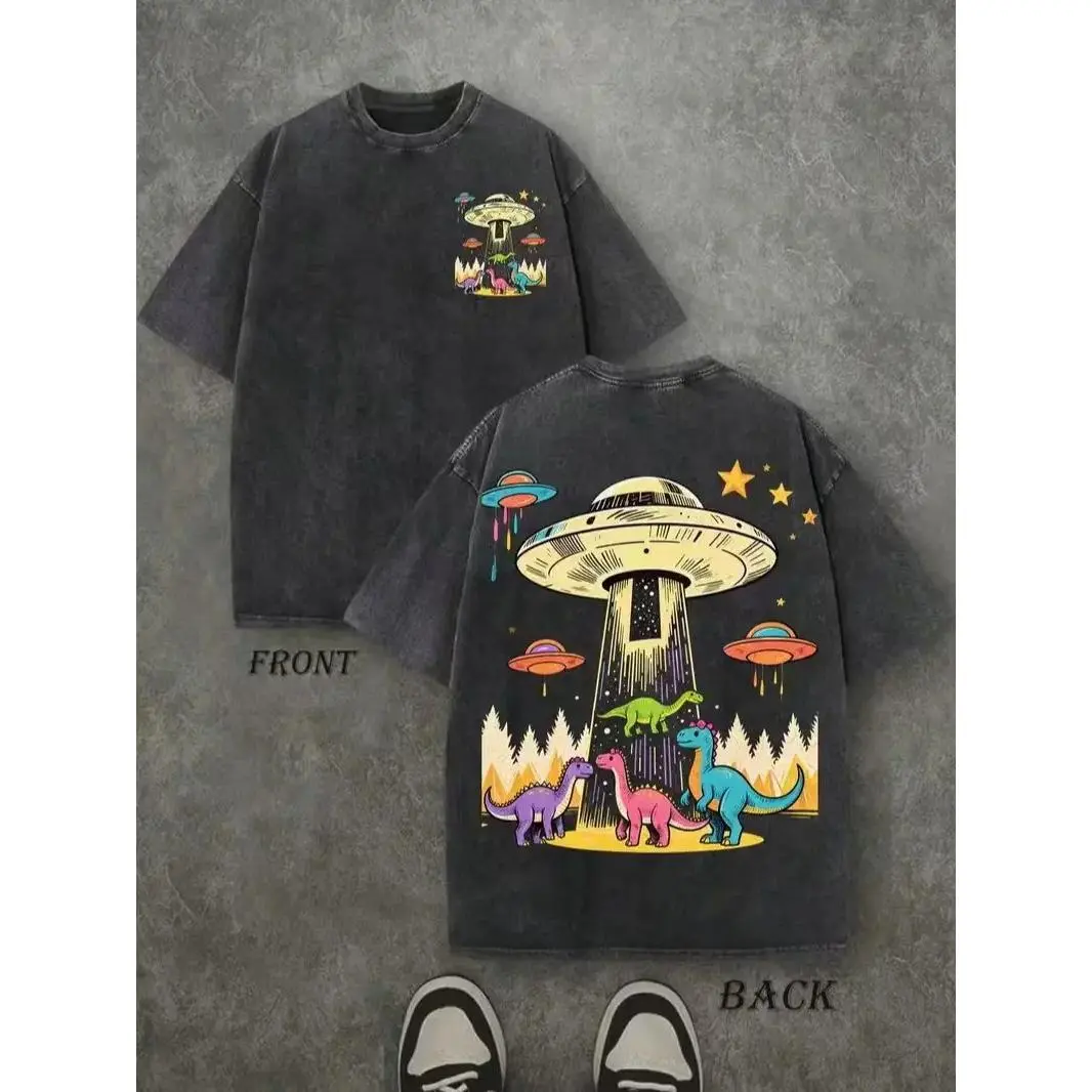 Washed - Vintage Washed Mint Green Nostalgic Science Fiction T-Shirt - Oversized Crew Neck Short Sleeve T-Shirt with UFO and Dinosaur Prints, 230g Cotton Shirt, Suitable for Daily Leisure, Summer Adventure, Gift for Space and Dinosaur Lovers