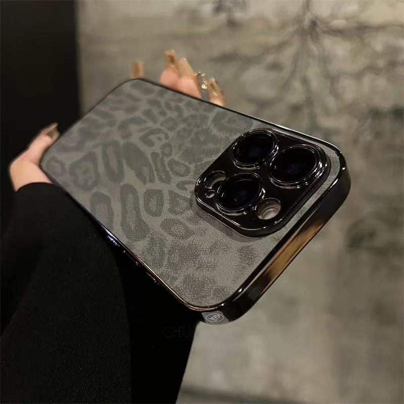 Luxury Plating Leopard Texture Leather Case For iPhone 16 15 14 Plus 13 12 11 Pro Max Lens Protection Shockproof Soft Cover Protective Smartphone