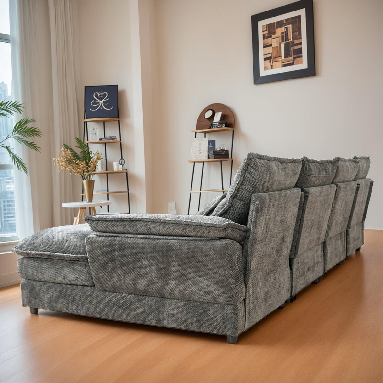 110" Modular Sectional  Cloud Couch with Double Chaise Lounge, U Shaped Chenille Upholstered Leisure  & Couches with Memory Foam and Waist Pillows for Living Room, Apartment, Office sleeper sofa beige seat home Transitional Dual