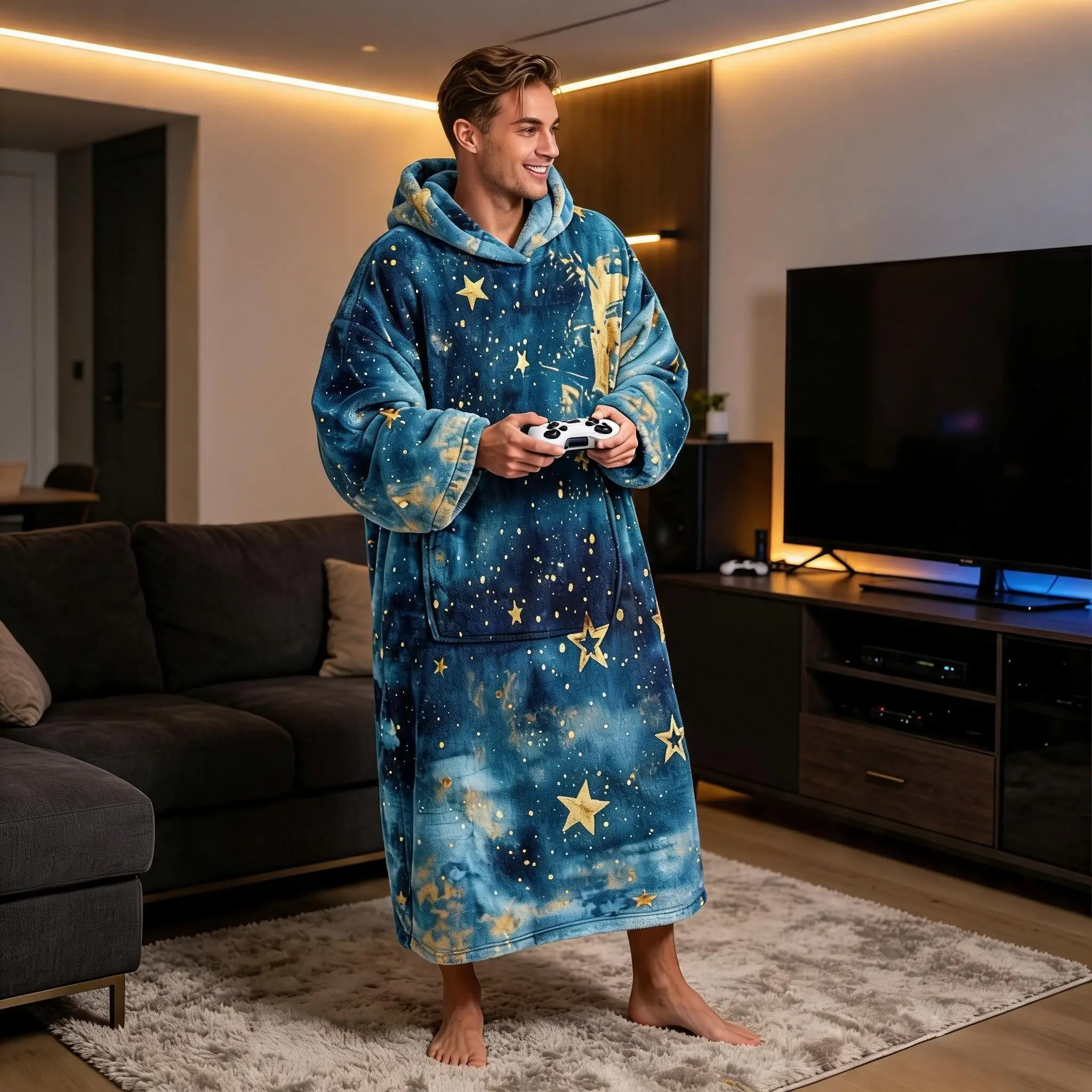 1pc Hooded Wearable Blanket, Starry Gold Dreamy Healing Style, Soft Flannel, Warm Lazy Blanket, Office, Bedroom, Camping, Halloween Gift