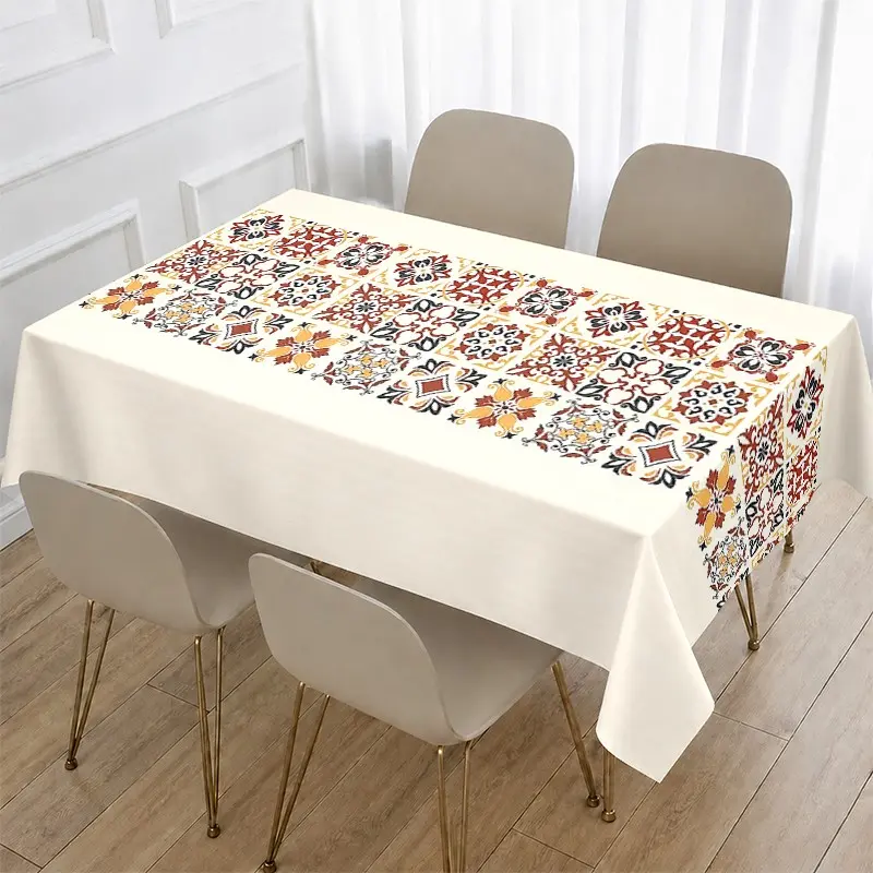 Vintage Tile Pattern Tablecloth, Moroccan Style Design, Classic Charm for Dining Tables, Waterproof Heat Resistant, Easy to Clean