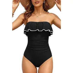 Holipick Black Strapless One Piece Swimsuits for Women Tummy Control Bandeau Bathing Suits Ruffle Slimming Swimwear  SwimWeek  summervibes