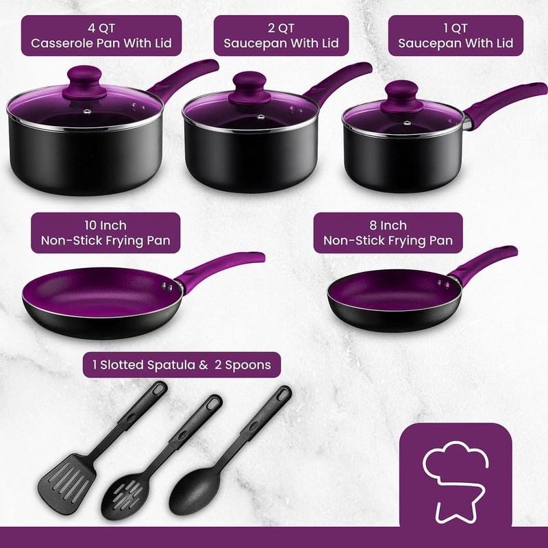 Chef's   Pots and Pans Set for Kitchen - Nonstick Stackable Induction Cookware, 11 count, Purple
