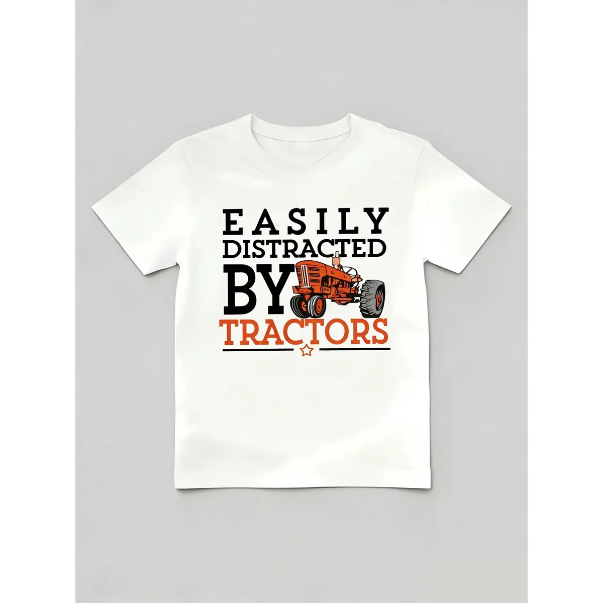 Boys' Cotton Fitted Scoop Neck Vehicle Print Short Sleeve Shirt - "Easily Distracted by Tractors" Graphic, Machine Washable Top for 2-3y,3-4y,4-5y,5-6y,4-12y Playdates,Summer Outdoor Farm Outfit, Vehicles