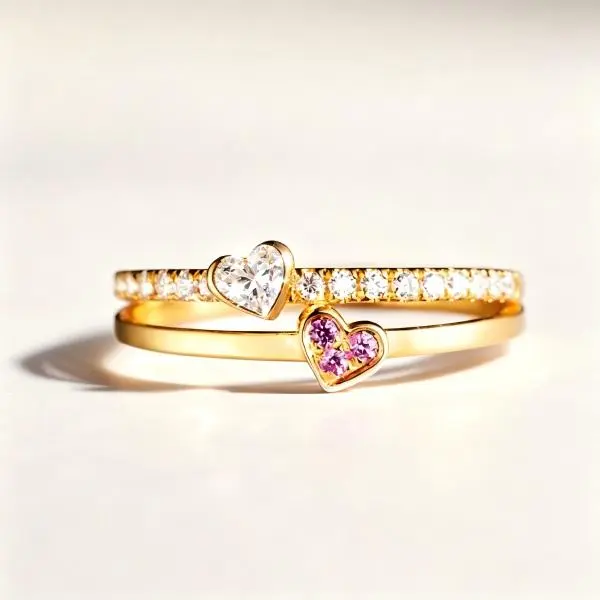 Women's 2-Tone Double Heart Stackable Ring Set, Dainty Thin Band with Clear Heart Stone, Tiny Pink Side Crystals, Full-Paved Shiny Accents, Minimalist Love Promise Jewelry for Daily Wear, Valentine Gift