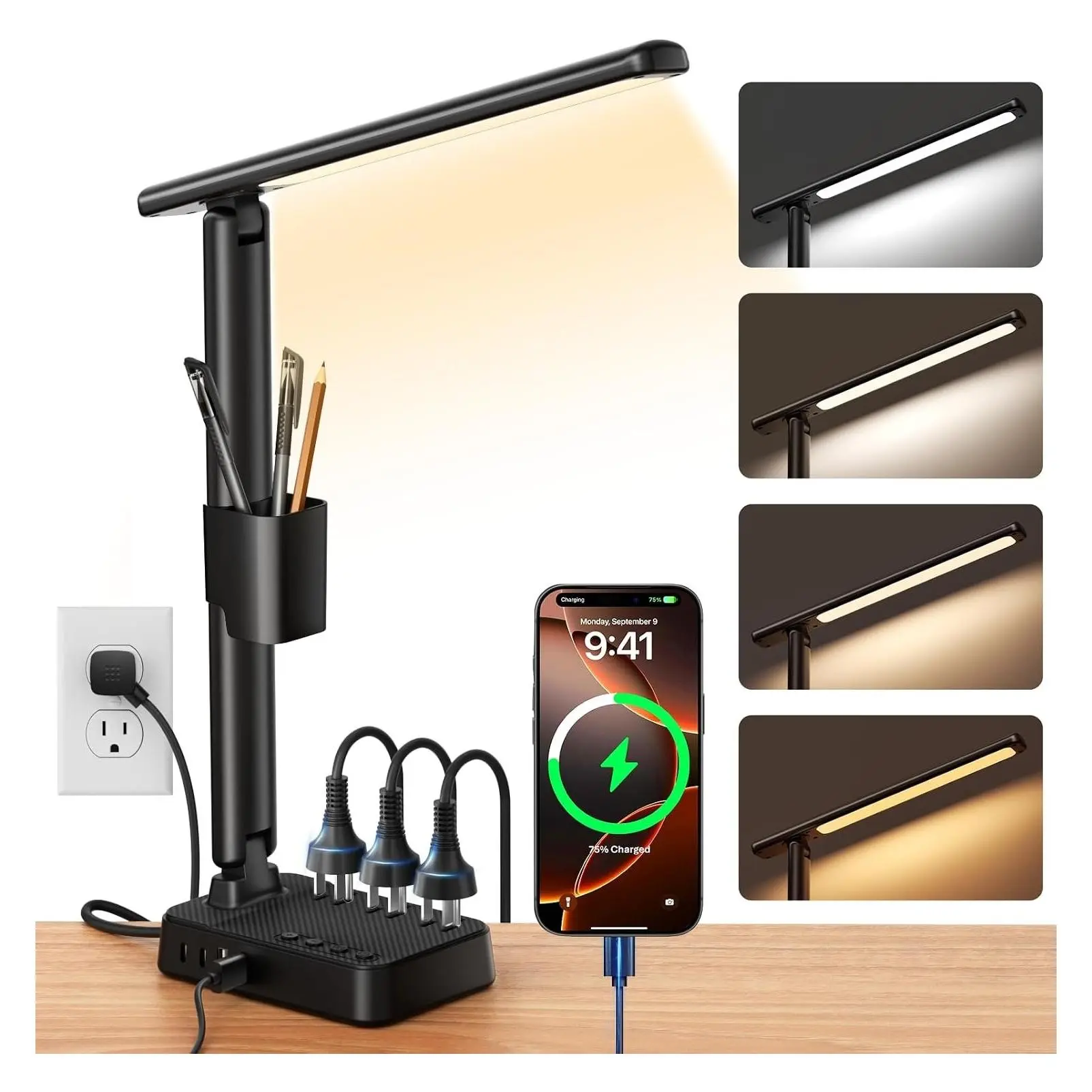 LED Desk Lamp with Power Strip, 3 AC Outlets and 4 USB Ports (2 USB-C), Stepless Dimming 2800K-6500K, Foldable Design with Timer & Memory, Ideal for Study, Home Office & College Dorm, 10FT CordGift