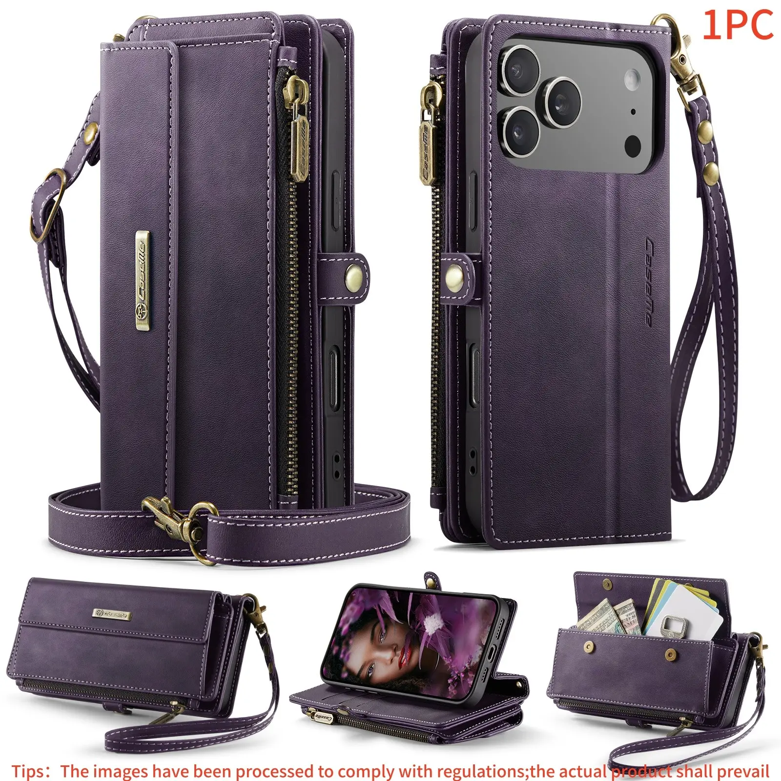 For iPhone 17/16e/16/15/14/13/12/11 Pro Max Wallet Case, Rfid Shielding, Stand, Flip Cover, Wrist Strap, Zipper, Credit Card Slot