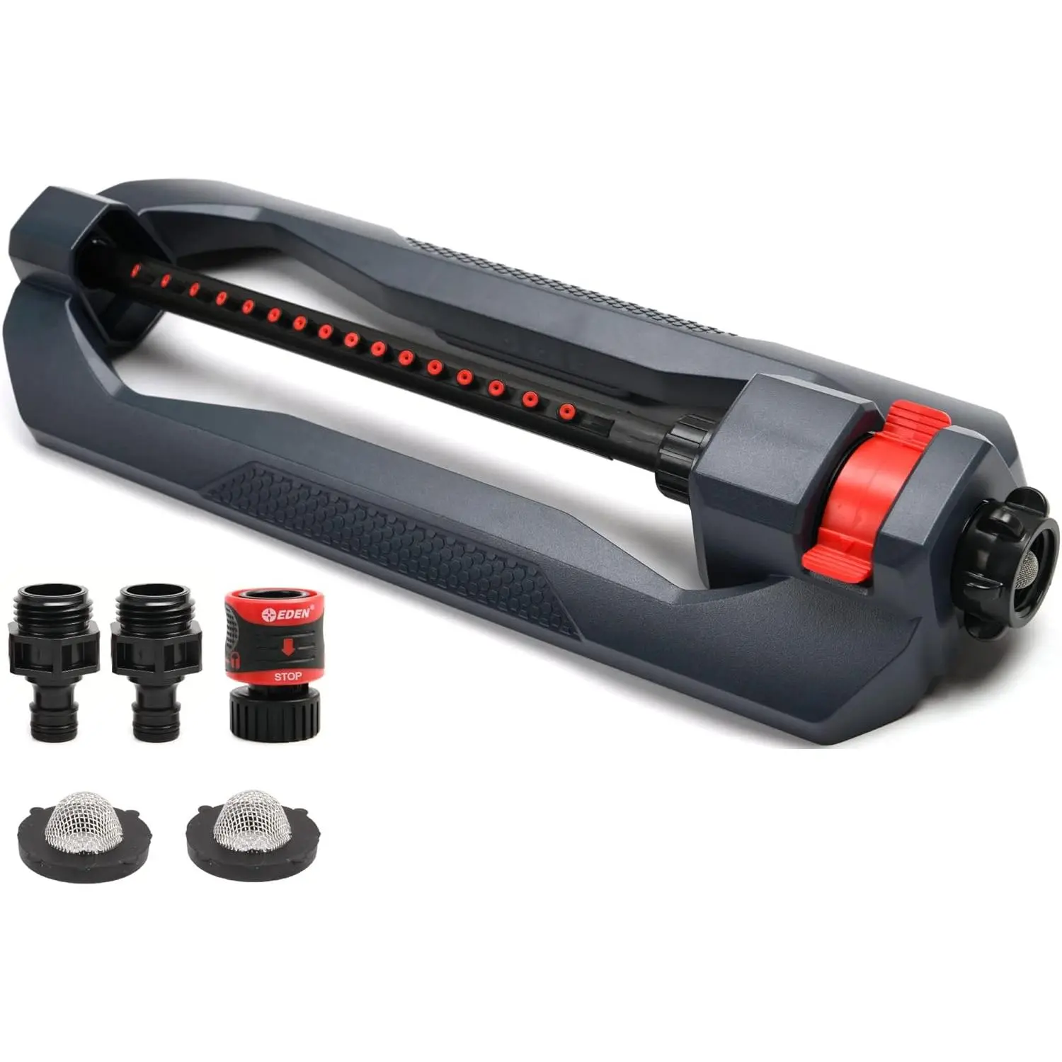 Weighted Oscillating Sprinkler with Oscillating Head for Lawn Watering, Covers Up to 3,600 sq.ft., 16 Precision Nozzles, Adjustable Range, Turbo Motor, Quick Connect Bundle, Stainless Steel Filters, Black