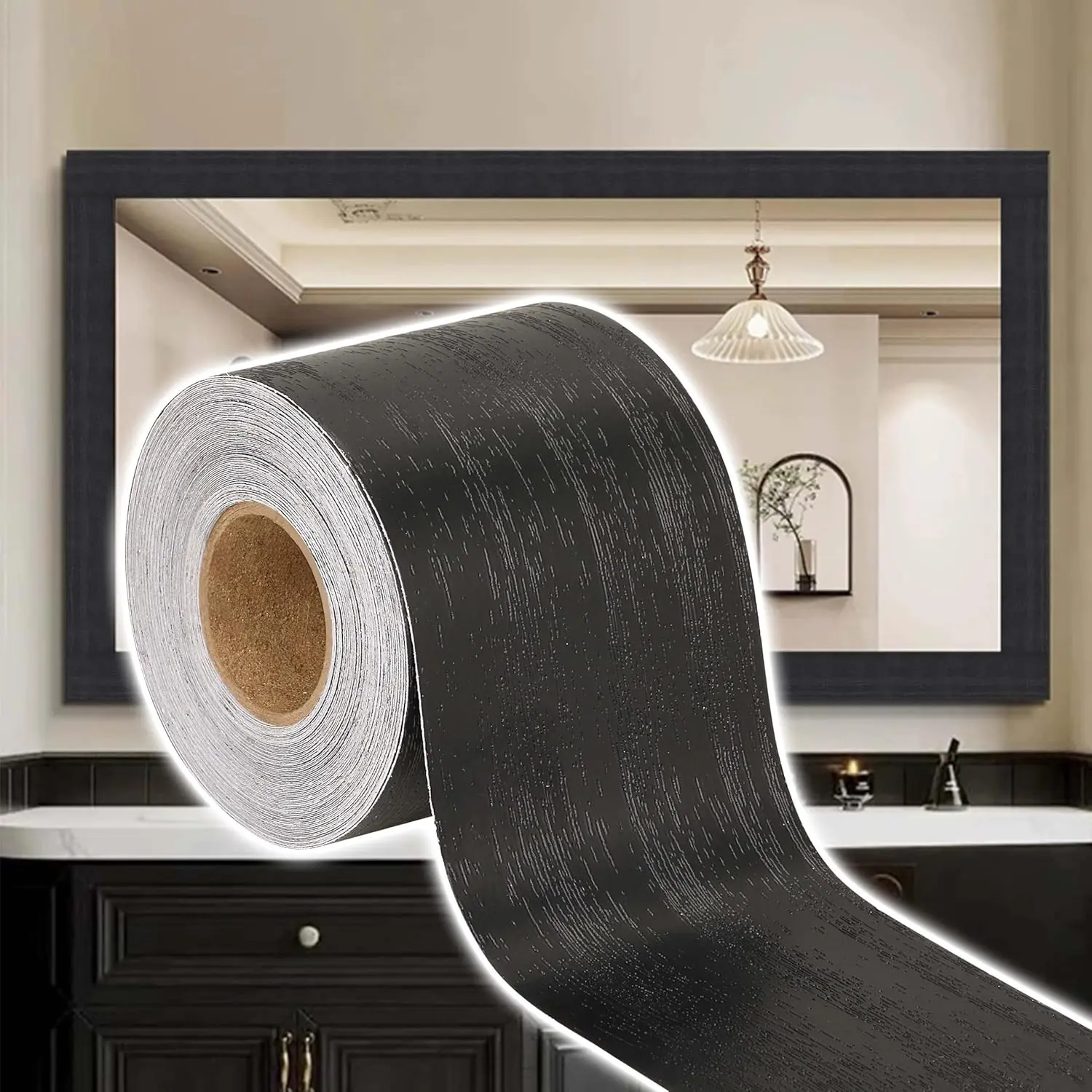 Peel Stick Wallpaper Border PVC Tape - Removable Wood Grain Long Roll, 2In x 33FT (10M) for Bathroom Mirror Frame, Wall Border