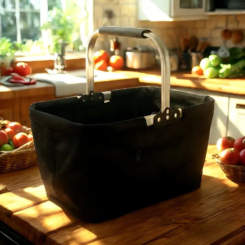 Collapsible aluminum-frame basket, large zippered side pocket, foldable Oxford cloth shopping basket, insulated basket, portable picnic basket, handheld basket, food basket, supermarket shopping basket