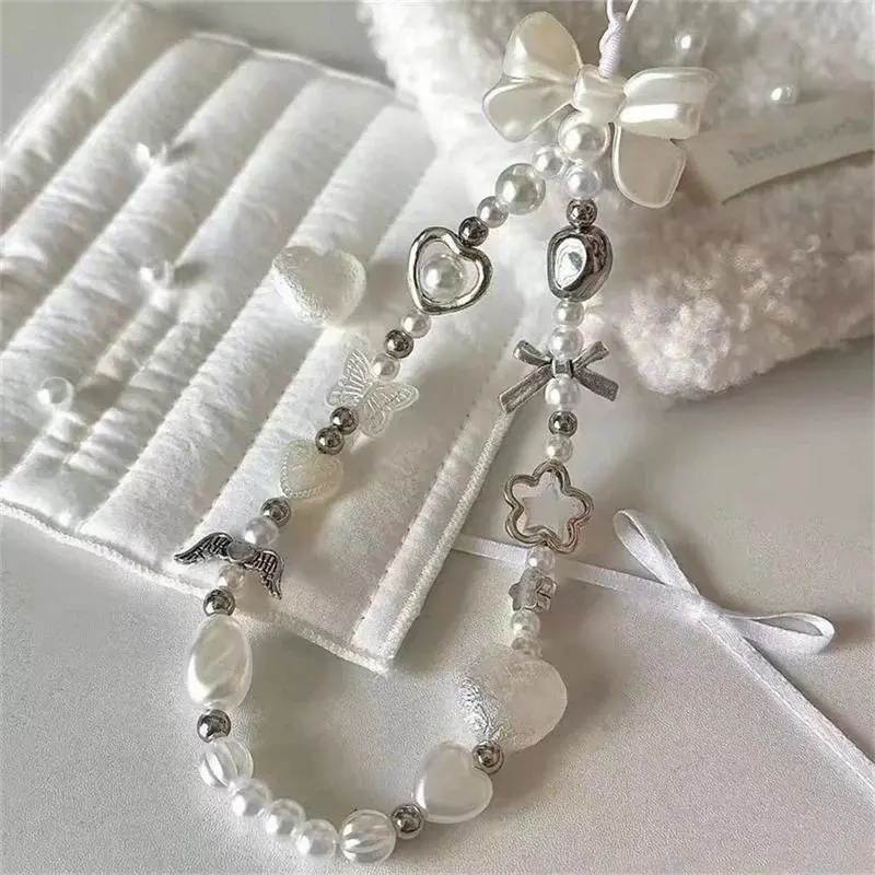 Beaded Phone Chain with White Bow & Flower Charm, Universal Lanyard for iPhone Samsung