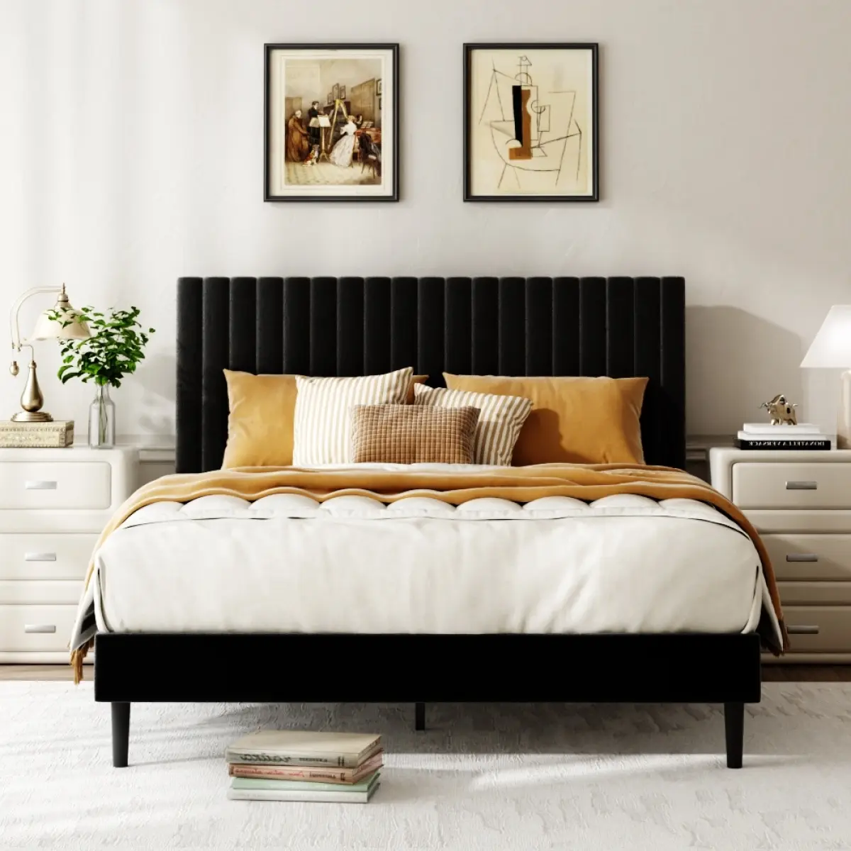 Full Size Bed frame, Velvet Upholstered Platform Bed with Height-Adjustable Headboard, Sturdy Frame and Alats, Quiet Design, No-Spring Needed, Easy to Assemble