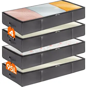 95L 4 Pack Under Bed Storage Containers, Large Capacity Blanket Storage Bags with Reinforced Handle, Organization and Storage for Comforters, Sheets, Clothes, Bedroom, College Dorm, Grey