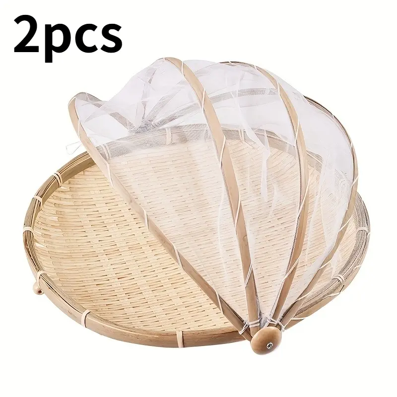 2pcs Bamboo Woven with Mesh Cover Food Storage Basket Fly And Insect Proof Steamed Bread Fruit Drying Basket Hand Woven Breathable, Kitchenware, Home Kitchen Supplies