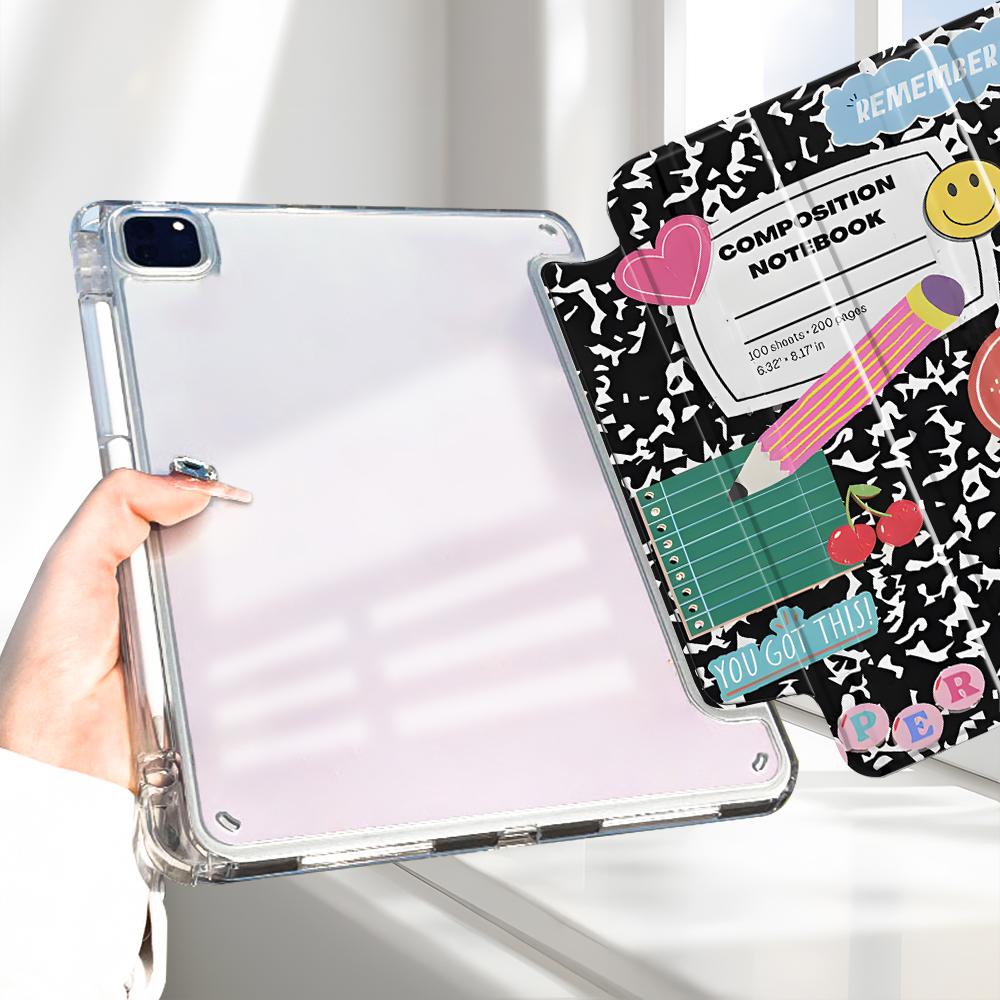 90s Retro School iPad Case with Stand and Pencil Slot,Composition Notebook & Cherry Design  Clear Acrylic Hard Back for iPad 10.2inch 2019/2021, iPad Mini, Pro, Air, Lightweight Scratch-Resistant Design Perfect for School and Home Use