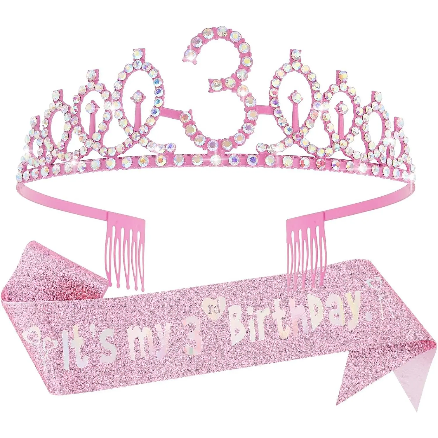 Girl's Birthday Party Decorations Set - Numbered Text Glitter Fabric Sash, Flexible Fit Adjustable Sash, Metal Rhinestone Crown, Flexible Headband, Metal+Fabric Princess Look Gift