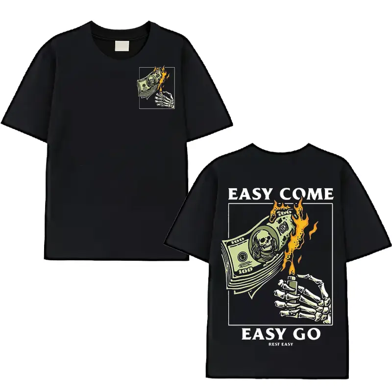 Men's classic cotton short-sleeve t-shirtEasy to come, easy to go - Black double-sided patterned short-sleeved T-shirt with a round neckline - featuring skull and dollar flame designs. Suitable for vacation outings and daily casual wear.