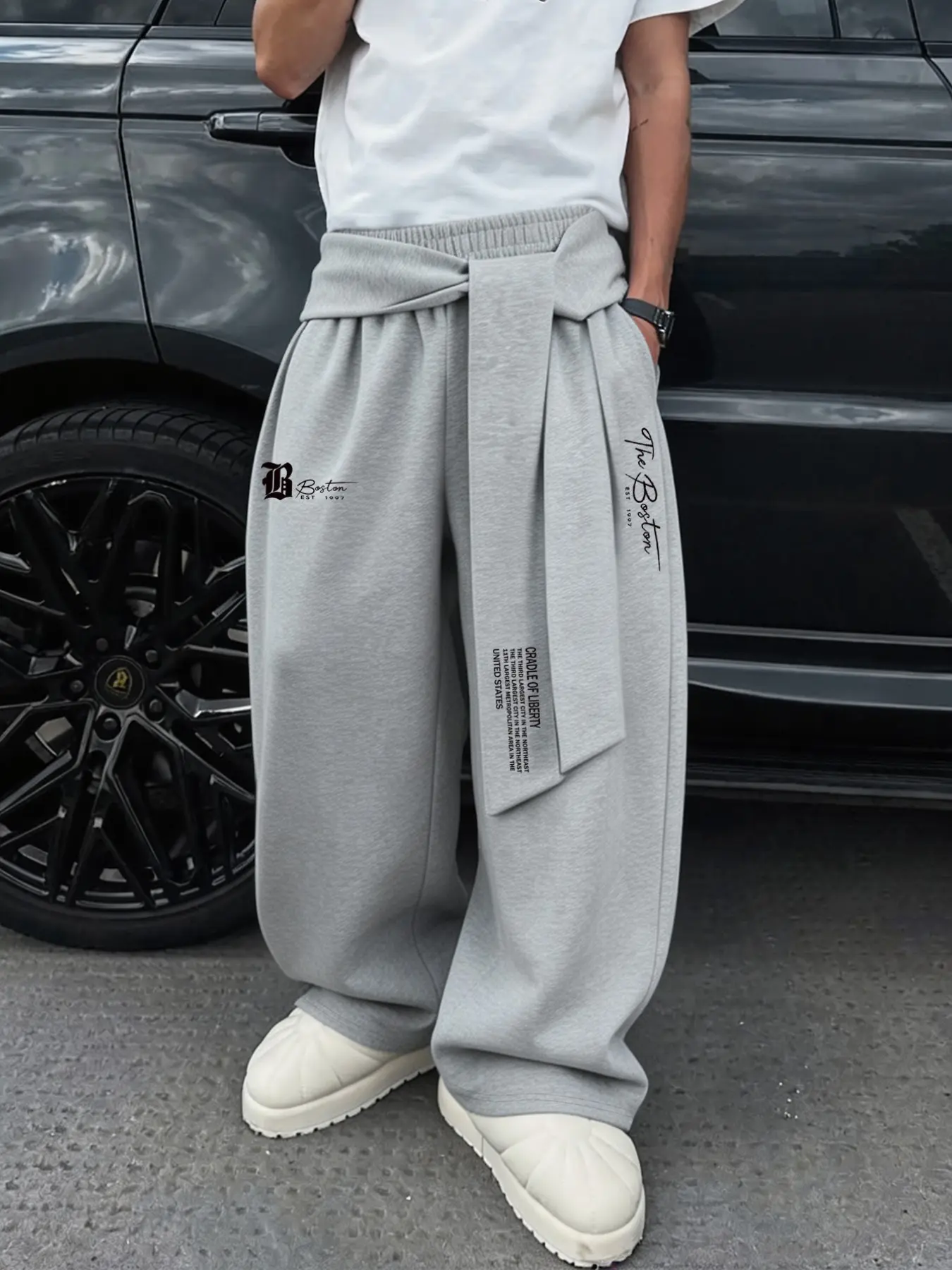 Men's Boston Letter Print Tie Waist Straight Leg Sweatpants, Street Style Loose Fit, Comfortable Breathable Fabric, Ideal for Daily Wear