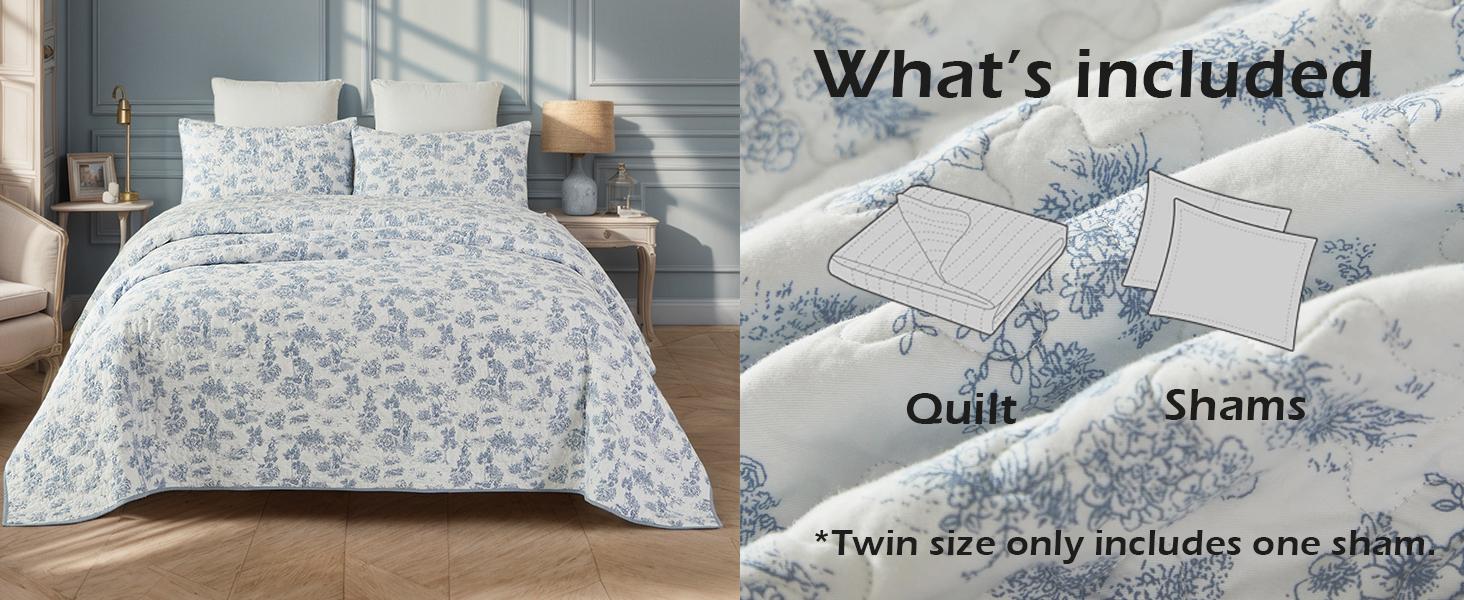 Twin Size Set Cotton Toile Bedding Blue Floral Vintage-Inspired Set 2-Piece