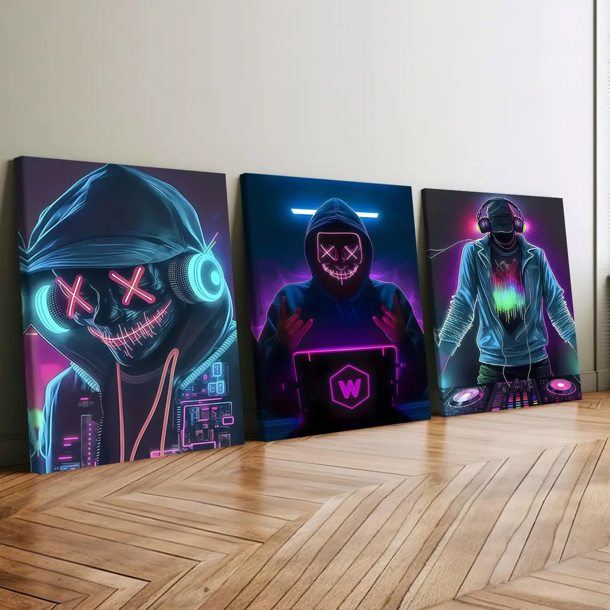 3-Pack Wood Frame Canvas Posters, Neon Cyberpunk Dj Wall Art, Modern Home Decor, Waterproof Odorless, Living Room Bedroom Office