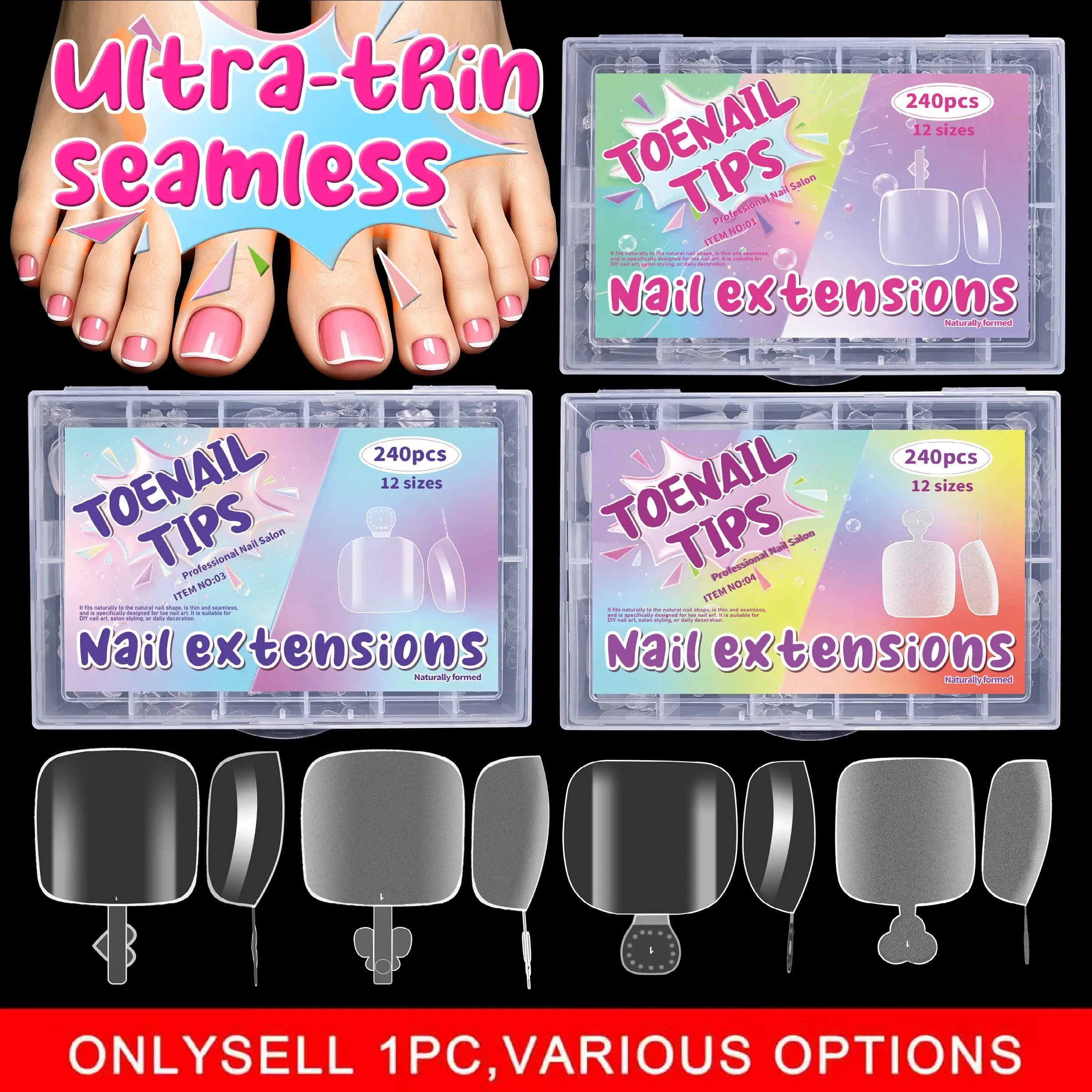 240pcs Full Cover French Toenail Extension Tips, Big Square Shape, Pure Color, Matte End, Transparent Acrylic Nail Extension, Press-On Toe Nail Tips for Manicure
