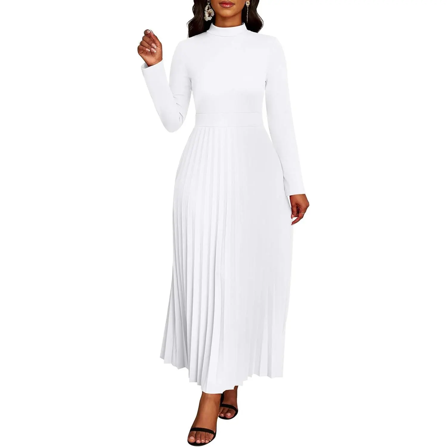 Women's Pleated Maxi Dress with Long Sleeves - Casual Feminine Style with Empire Waist, Pockets, and Belt for Party Wear, Earrings, Belts, Casual Wear, Chic, Modest