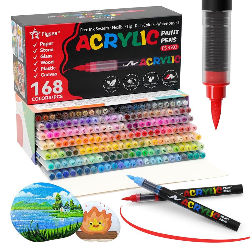 Acrylic Paint Pen Set, 168pcs/set Brush Tip Acrylic Paint Pen, Acrylic Painting Pen, Waterproof & High Saturation Ideal for Wood, metallic, Plastic, Canvas, Fabric, Glass, Ceramic