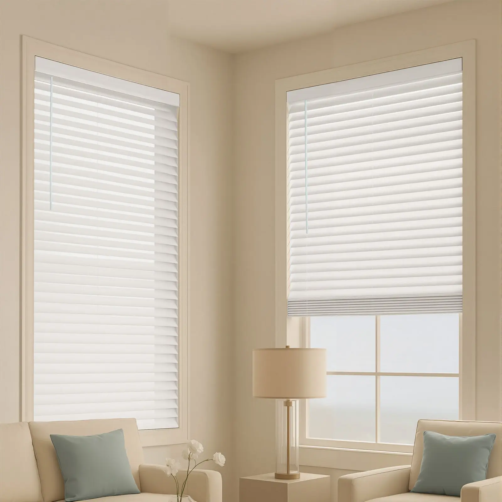 VEVOR PVC Faux Wood Grain Cordless Window Blinds, 2" Slat, 34.5" Wx60" H, Waterproof with Decorative Board, Easy to Clean, Easy Install, Simple Light Adjustment, for Home Interior & Bathroom Windows, White