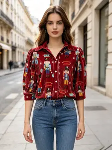 Christmas Nutcracker Print Notch Lapel Top, Festive Holiday Fashion, Unique Design for Special Occasions, Perfect Gift Idea